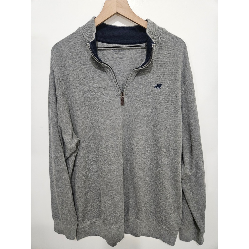 Old Navy Mens XXL Heather Gray Quarter Zip Sweater Lion Crest Mock Neck Pullover